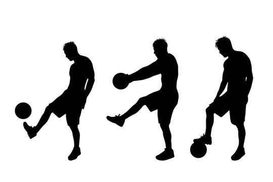 Vector silhouette of man who play football on white background.
