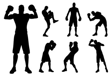 Vector silhouette of man who boxing on white background.