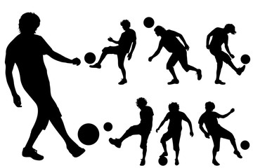 Vector silhouette of man who play football on white background.