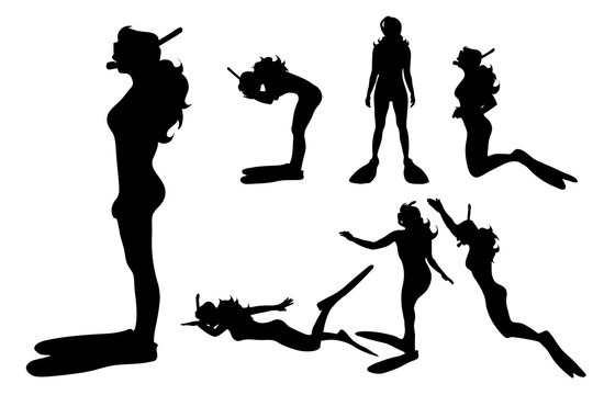 Vector silhouette of woman who is diving on white background.
