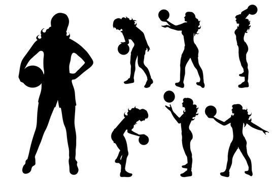 Vector silhouette of woman who play volleyball on white background.