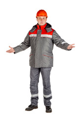 Male builder over white wall background. repair, construction, building, people and maintenance concept.