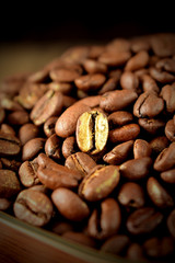 Golden roasted coffee bean among the others