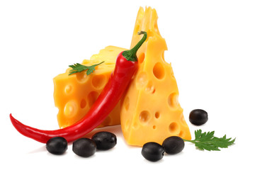 piece of cheese with chili pepper isolated on white background