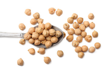 Fototapeta na wymiar chickpeas in spoon isolated on white background. top view