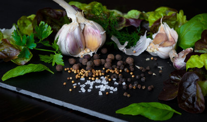 Garlic, pepper, salt and herbs on a dark black