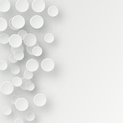 Abstract 3d background with white paper geometric shapes, circles with drop shadows on white background.  Minimal design.