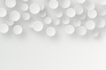Abstract 3d background with white paper geometric shapes, circles with drop shadows on white background.  Minimal design.