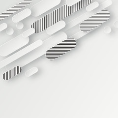 Abstract 3d background with white striped paper geometric shapes, lines and circles with drop shadows on white background.  Minimal design.