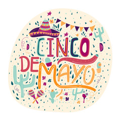 Banner or card for Cinco de Mayo celebration. Holiday poster with hand drawn calligraphy lettering,