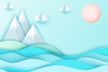 Modern paper art background with sea waves, clouds, island with mountains and sun. Cute cartoon landscape in pastel colors. Origami style