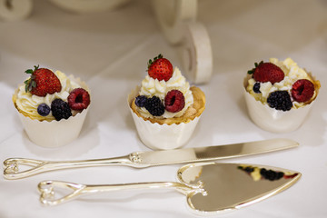 Multicolored cakes in baskets