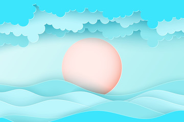 Modern paper art background with sea waves, clouds and sun. Cute cartoon landscape in pastel colors. Origami style