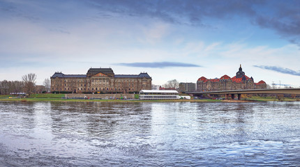 Naklejka na ściany i meble Treasury building (the Ministry of Finance of Saxony) and The Saxon State Chancellery and River Elbe, Dresden, Germany