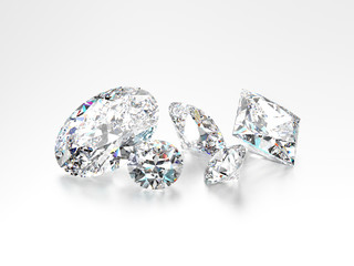 3D illustration group of white different diamonds stones