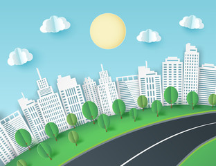 Paper art background with city view. Fluffy paper clouds, road, green lawn with trees, scyscrapers. Trendy origami paper cut style. Vector illustration