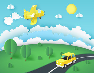 Paper art background, yellow airplane in the sky, car on the road near green lawn with trees and bushes. Fluffy paper clouds and sun. Vacation and travel concept. Vector illustration