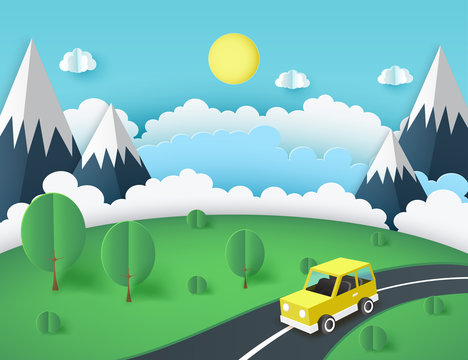 Paper art background, yellow car on the road near mountains, green lawn with trees and bushes. Fluffy paper clouds and sun. Vacation and travel concept. Vector illustration