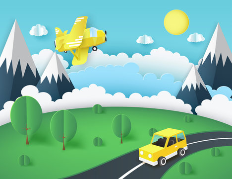 Paper art background, yellow airplane in the sky, car on the road near mountains, green lawn with trees and bushes. Fluffy paper clouds and sun. Vacation and travel concept. Vector illustration