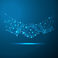 Abstract image handshake in the form of a starry sky or space, consisting of points, lines, and shapes in the form of planets, stars and the universe vector business wireframe concept