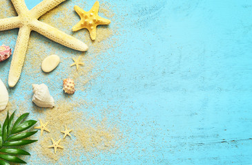 Fototapeta na wymiar Summer sea background. Seashells, starfish and palm branch on a wooden blue background