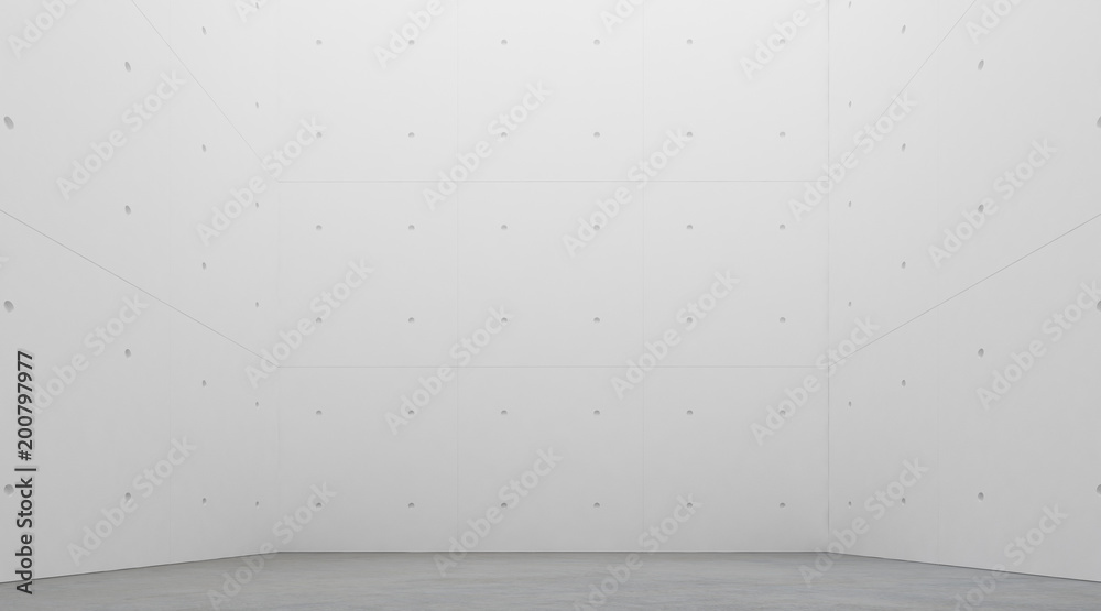 Aufkleber Abstract of minimal architecture space with rhythm of white concrete block and light and shadow of the sun,3D render	