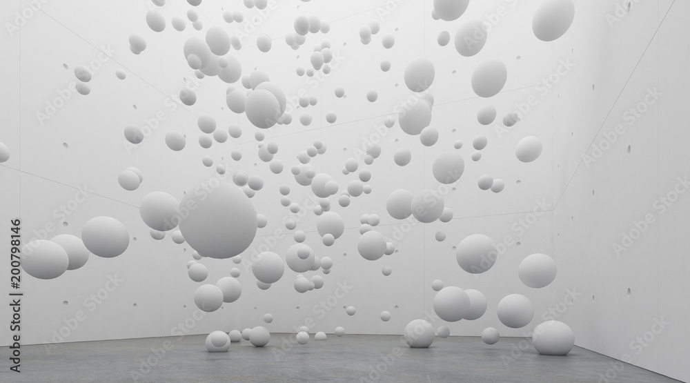 Poster abstract of architecture space with white sphere ball are falling from sky to the ground with light 