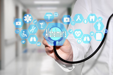 Medical Doctor and Alzheimer's sign in Medical network connection on the virtual screen on hospital background.