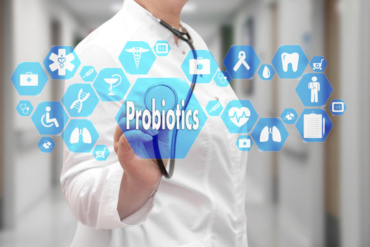 Probiotics On The Touch Screen With Icons On The Medicine Background Blur Doctor In Hospital.Innovation Treatment, Service, Health Data Analysis. Medical Healthcare Concept Of The Of Probiotics