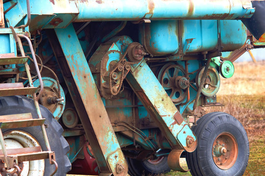 The combine is repaired and ready for harvesting a rich wheat crop. close-up photo