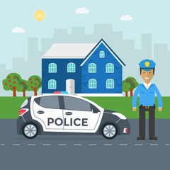 Obraz premium Police patrol on a road with police car, officer, house