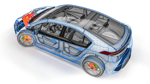 engine scan in an wire frame car/3D render representing a scan of a car with an the engine in thermal color 