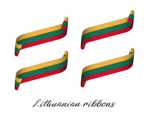 Set of four modern colored vector ribbons with Lithuanian tricolor isolated on white background, flag of Lithuania, Lithuanian ribbons