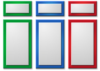 A set of color banners-green, red, blue.Three rectangular vertical banners consisting of two plates.A set of banners for business and advertising.Three color buttons.Vector label,ribbons,tags,buttons.