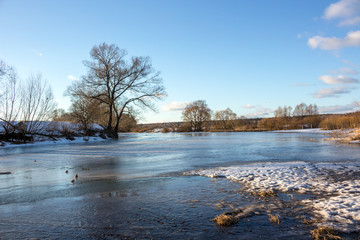 Obraz premium Protva River with melting ice in February in winter 