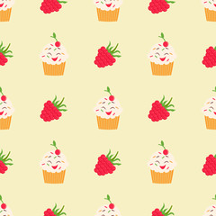 Bright pattern with raspberry and funny smiling cupcake