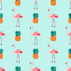 Seamless tropical pattern with flamingos, pineapples