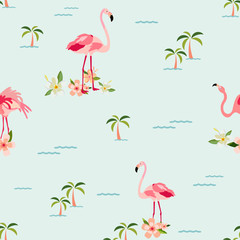 Obraz premium Seamless tropical pattern with flamingos, palms