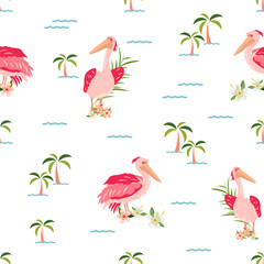 Tropical pattern with pelicans and palms