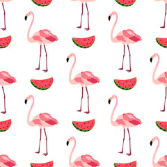 Seamless pattern with flamingos and watermelons