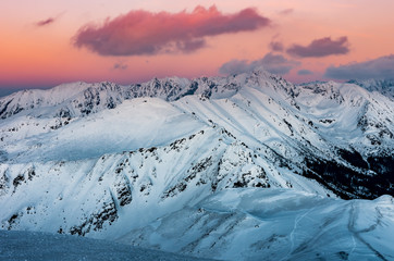 Winter sunet in Tatra Mountains, alpine landscape of Poland and Slovakia