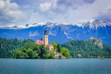 Lake Bled at the foothills of the Julian Alps, Slovenia.