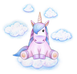  Cute sitting unicorn on cloud. © rvika