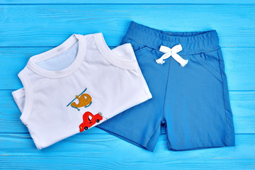 Baby boy natural summer suit. Trendy toddler boy brand clothing, top view. Infant boy cotton clothes on sale.