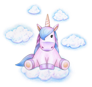  Cute sitting unicorn on cloud.