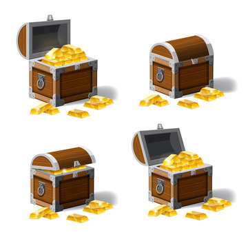 Set of treasure chests, open and closed pirate treasure chests, locked, empty, full of coins cartoon vector illustration isolated on white background.
