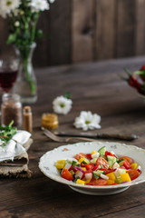 vegetables - a set of ingredients for salad (tomato, cucumber, radish, pepper, arugula, basil, parsley, dill, herbs, herbs, radish and others)