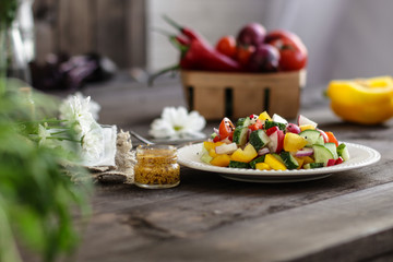 vegetables - a set of ingredients for salad (tomato, cucumber, radish, pepper, arugula, basil, parsley, dill, herbs, herbs, radish and others)