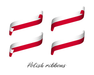 Set of four modern colored vector ribbons in Polish colors isolated on white background, flag of Poland, Polish ribbons