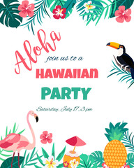 Tropical Floral Poster with flamingo and toucan - obrazy, fototapety, plakaty
